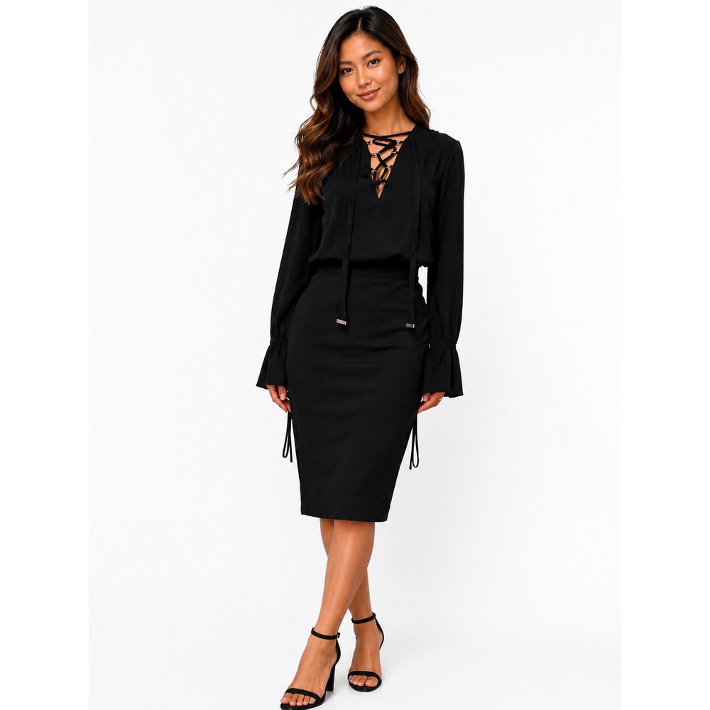 Altuzarra 36/US 4 Black Silk Blend Lace Up Ruffle Cuff Midi Dress Italy